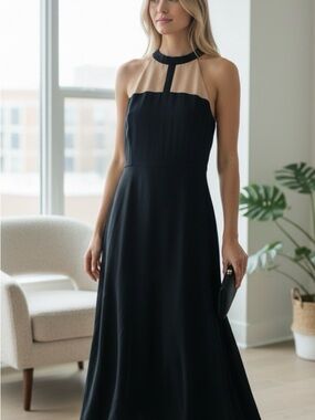 Akaiv  Maxi Dress with Nude Illusion Yoke